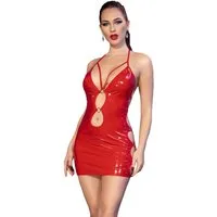 Chilirose Negligé Rotes Damen Dessous Lack Minikleid Neckholder kurzes Gogo Kleid