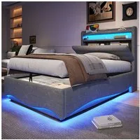 TavilaEcon Boxspringbett Polsterbett mit LED-Beleuchtung und Hydraulikmechanismus (1-St), 90x200cm, mit Ablagefach, USB-/Typ-C-Anschluss, Grau