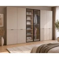 MOEBLO Drehtürenschrank MINEWRA FLUTES 300 (6-türiger Kleiderschrank mit eleganten Glastüren, Moderner Schrank für Schlafzimmer und Garderobe, Robustes Design mit Rillenschliff-Glas und gefrästen Paneelen, Breite: 303 cm, Höhe: 200 cm, Tiefe: 49 cm, 