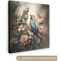 OneMillionCanvasses® Leinwandbild Papageien - Vögel - Natur - Blumen, Fotodruck (1 St), Vintage Deko Bilder Wohnzimmer, Wanddeko Retro, 20x20 cm