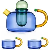Youyijia Teekanne Teekannen Glas Teekanne Set mit 2 Tassen und herausnehmbarem Teesieb
