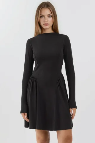 Weiches Texturiertes Boot-Ausschnitt Mini-Kleid