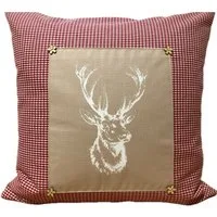 Ammerkind Dekokissen Landhausstil Kissenhülle *Hirsch* rot/beige kariert, 100% Handarbeit