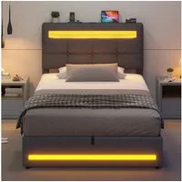 MSMASK Polsterbett Hydraulisches Stauraumbett mit höhenverstellbarem Kopfteil, Funktionsbett, Jugendbett mit LED-Beleuchtung und Ladeanschlüssen