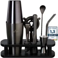 BARMINGO Cocktail-Set Edelstahl Boston Cocktail Shaker Set (825 ml) mit Bar Zubehör, (Cocktailshaker Set, 11-tlg., Für Profis und Anfänger), Cocktail Zubehör mit hochwertigem Bambusständer