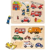 goki Steckpuzzle 2er Holzpuzzle-Set: Feuerwehr + Verkehrsmittel, Puzzleteile