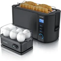 Arendo Frühstücks-Set 4-Scheiben Langschlitz Toaster, 6er Eierkocher, Schwarz (2-tlg), Edelstahl, BPA-frei, GS-geprüfte Sicherheit, fürs Familienfrühstück