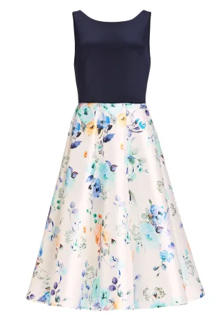SWING - Cocktailkleid aus bedrucktem Twill mit Scuba Oberteil ivory/multi - Gr. - 34