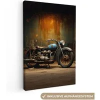 OneMillionCanvasses® Leinwandbild Vintage - Motorrad - Blau - Alt - Garage, Fotodruck (1 St), Leinwand Canvas Wandbild, Wanddekoration 20x30 cm