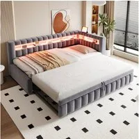 Merax Daybett 90x200cm mit Ausziehbett, LED-Beleuchtung und USB-C-Anschluss (Schlafsofa Sofabett Tagesbett Jugendbett Gästebett, 1 tlg), Polsterbett mit gepolstertem Kopfteil mit Ablagefächern, Samtbezug