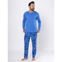 HOTBERG Pyjama Schlafanzug-Set Herren lang Baumwolle (2 tlg) Blau-Marine Nachtwäsche mit All-Over-Print