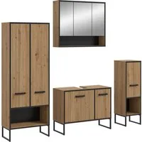 welltime Badmöbel-Set LOCRI, 4-tlg. Badkombination, Breite 199 cm, Rillenoptik, Metallkufen, (4-St., bestehend aus: Hochschrank, WBU, Spiegelschrank & Standschrank), Bad-Kombination, Bad-Möbel, Badezimmer, Kombination, Kombi