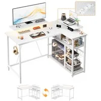 Furnicopia Eckschreibtisch L-förmiger Gaming-Schreibtisch mit Stauraum, Steckdosen und LED (120/140 cm großer Schreibtisch mit zwei Monitorhalterungen, zwei Ablagen, einer verstellbaren Ablage, einem Becherhalter und einem Kopfhörerhalter)