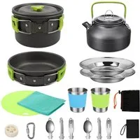 OSTWOLKE Geschirr-Set Camping Kochgeschirr Set Outdoor Geschirr Set Kochtopf Picknick Topf, 2 Personen, Aluminium, mit Teekanne