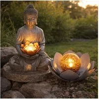 GLOBO LIGHTING LED Solarleuchte, LED-Leuchtmittel fest verbaut, Warmweiß, Solarleuchte Buddha Feng Shui Außen Solarblume Aussen Lotusblume Solar