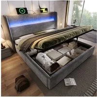 TavilaEcon Polsterbett 180×200cm & weitere Größen mit Bettkasten und hohem Kopfteil (1-tlg), Doppelbett mit hydraulischer Liftfunktion, USB/Type-C, 140×200, Grau