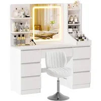 HOMALL Schminktisch LED-Spiegel, 7 Schubladen, 110 cm breit, Aufbewahrungshocker optional (Schminktisch mit dimmbarem LED-Spiegel (3 Farben), 7 Schubladen + 8 Fächer, 110×40×139 cm – 5 Farben (Schwarz/Rosa/Vintage/Weiß/Weiß Hochglanz), Hocker opt., E