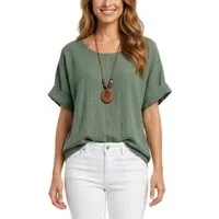 dy_mode Kurzarmbluse Damen Kurzarm Bluse Leichte Sommer Tunika Baumwollbluse Oberteil in Unifarbe, mit passende Kette