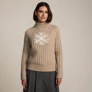 Jacquard-Pullover aus Baumwollmix mit Schneeflocke, Damen,  Beige, Polyacryl/Baumwoll-Mischung/Nylon-Mischung, by Lands' End