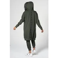 ILAY Lit Kapuzensweatjacke Midi Coat-Olive-Lässiger Hoodiemantel im Urban Style Labelband am Rücken