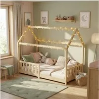 ecoMI Kinderbett Hausbett, Rausfallschutz, Lattenrost, 90x200 & 80x160, Weiß & Natur, Hausbett, Rausfallschutz, Lattenrost, 90x200 & 80x160, Weiß & Natur