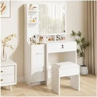 Dripex Schminktisch mit Spiegel, Hocker und Schubladen, Weiß, 87 x 38,3 x 141,5 cm, Mit seitlichem Stauraum