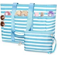 LuxusKollektion XL-Strandtasche Strandtasche Reißverschluss 45L Faltbar XXL Shopper Hellblau Weiß