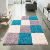 Carpetia Teppich Shaggy Teppich Türkis Grau Creme Hochflor modernes Karomuster, rechteckig, Höhe: 30 mm