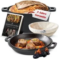 Ottia Schmortopf Gusseisen Topf, Brot backen, Dutch Oven, 2-in-1, 26cm, 5 Liter, Gusseisen (fertig eingebrannt, inkl. Gärkorb & E-Book), Händler aus Hamburg