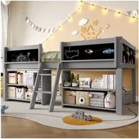Flieks Hochbett Halbhohes Bett Kinderbett 90x200cm mit Tafel, Ablagefächer und Leiter