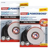 tesa Doppelklebeband POWERBOND Ultra Strong Doppelseitiges Klebeband (Packung, 2-St., 2 Rollen je 1.5m) extra stark klebend - 1,5 m : 19 mm