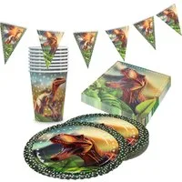 Party Factory Geschirr-Set Dino realistisch Partyset Teller Becher Servietten Wimpelkette, 8 Personen, ausdrucksstarkes, farbintensives Design, stabile Ausführung