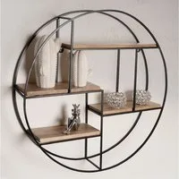 FINEBUY Wandregal FB92220 Hängeregal Holz Metall 70x70x18cm Hängeregal Regal Rund, 70x70x18 cm Mango Massivholz / Metall Hängeregal, Schweberegal Rund, Regal Hängend Industrial