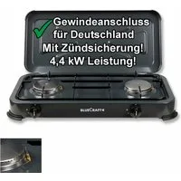 BlueCraft Gaskocher 2 flammig mit Zündsicherung 50mbar Propan Gas Campingkocher 4,4 kW, (Camping Gas Kocher 2 flammen für Gasflasche Gasherd Gas-Kochfeld), Campingkocher 2-flammig mit Zündsicherung