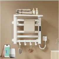 EMKE Elektrischer Badheizkörper Handtuchwärmer mit intelligentem Thermostat undklappbarer Ablage, in gerader Ausführung 50 × 50 cm, mit Handtuchstange und 6 Haken
