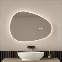 EMKE Badspiegel mit Beleuchtung Wandspiegel asymmetrisch Lichtspiegel Tropfenform, Touchschalter 3 Lichtfarben einstellbare Helligkeit Antibeschlag IP44