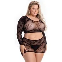 Pink Lipstick Lingerie Shirt & Rock Shirt und Shorts aus Netz-Stoff mit Hanfblatt-Muster - schwarz
