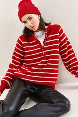 Knopfkragen Lässiger Schnitt Strickpullover