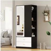 Flieks Kleiderschrank mit Spiegel, 2 Schubladen, 1 Tür und 4 offenen Fächern (1-St., 80x40x180 cm) Garderobenschrank Drehtürenschrank Hochschrank Schwarz&Weiß