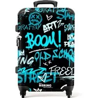 NoBoringSuitcases.com© Hartschalen-Trolley mit leuchtende Räder - Straßenkunstwerk mit blauen Texten 67 cm - 72 L, 4 Rollen, Koffer Mittelgroß für 20kg, Suitcase für Erwachsene, Reisekoffer