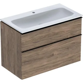 Geberit iCon Waschtisch mit Unterschrank 90 cm 502337JR1 Waschtisch-Set 90x63x48cm, weiß, Korpus nussbaum, Griff lava matt