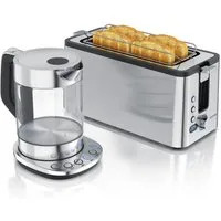 Arendo Frühstücks-Set Edelstahl Wasserkocher 1,5l, 4-Scheiben Langschlitz Toaster, silber (2-tlg), Wasserkocher Glas mit Temperatureinstellung, Toaster Brötchenaufsatz