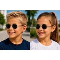 Rennec Sonnenbrille Kinder Brille Rund UV400 Schwarz Polarisiert mit Brillenbeutel Nickelbrille Jungen Mädchen, 5 bis 9 Jahren, Linsen Schwarz Getönt