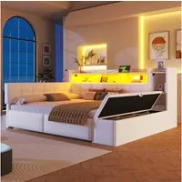 Flieks Daybett, Polsterbett 140×190cm mit LED, Aufladen, 2 Schubladen und Polsterbank