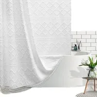 Coonoor Duschvorhang Waschbar Duschvorhang Wassertropf Polyester Badvorhang Anti-schimmel Breite 91 cm, Boho-Duschvorhang aus weißem Webstoff mit Quaste