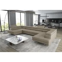 thematys Ecksofa Aston U 403 x 203cm mit Schlaffunktion & Bettkasten –, U-Sofa mit verstellbaren Kopfstützen, Samt (Monolotith), oder Cord (Poso), - U-Form, XL-Wohnlandschaft, 390 cm breit