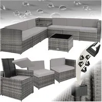 tectake Loungeset Rattan Lounge für 6 Personen, mit Sicherheitsglasplatte, (Sitzgruppe Verona, 8-tlg., in grau), widerstandsfähig, große Aufbewahrungsbox, Dicke der Polster 8 cm