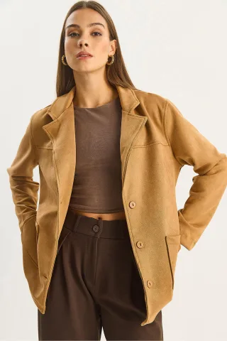 Faux-Wildleder Knopfjacke