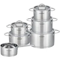Hanseatic Topf-Set hanseatic, Edelstahl 18/10 (Set, 11-tlg., Fleischtopf 16/20/24 cm, Bratentopf 16/20 cm, Stielkasserolle 16 cm), handfreundliche Kaltmetallgriffe, Literskala, Glasdeckel, Induktion