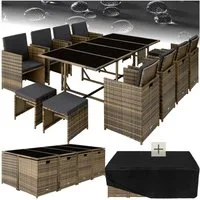 tectake Sitzgruppe garten lounge set palma mit schutzhülle und kissen, (Rattan Lounge Set Palma, 12-tlg., in natur/dunkelgrau), leicht zu reinigen, abwaschbar und wetterfest
